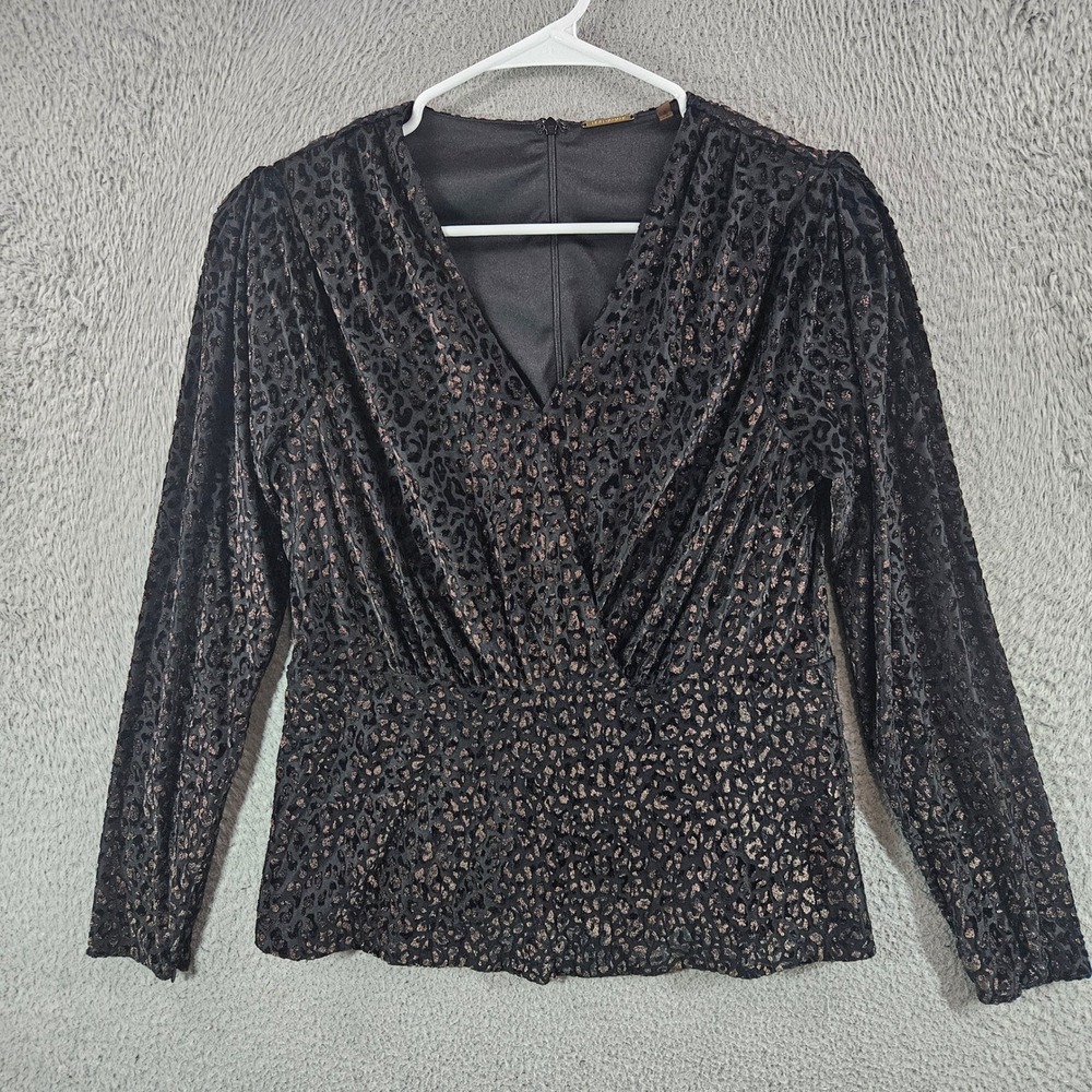 Elie Tahari Womens Black Bronze Metallic‎ Leopard Burnout Wrap V-Neck Blouse 10